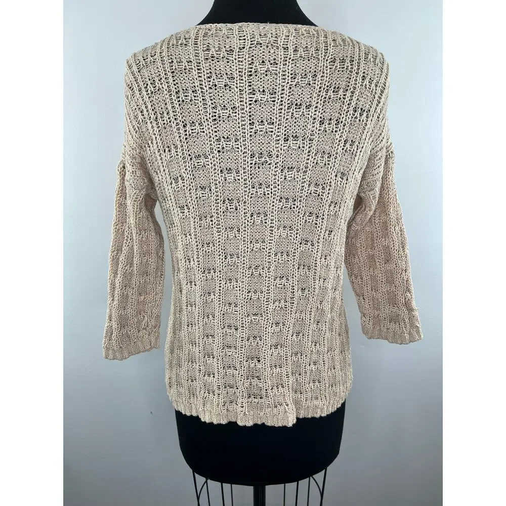Eileen Fisher Beige Organic Cotton Linen 3/4 Sleeve Round Neck Knit Sweater S